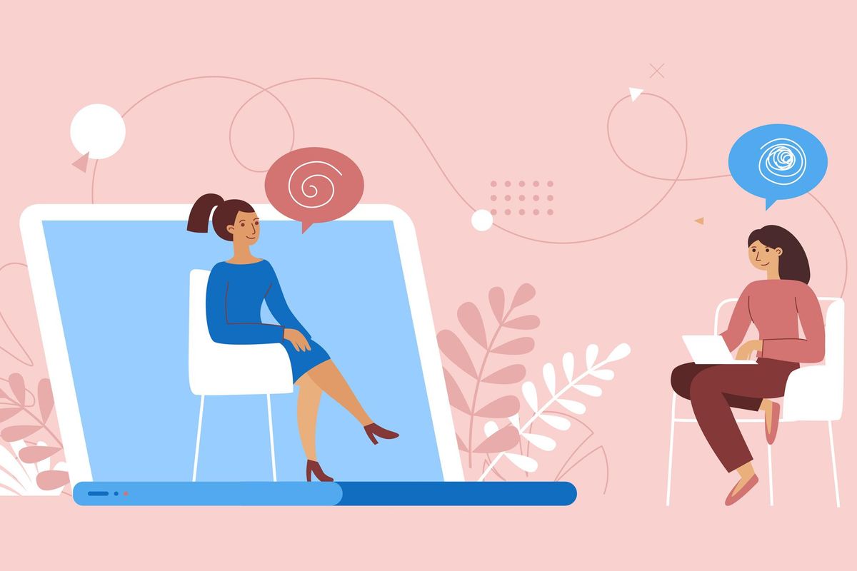 illustration of a psychologist and her patient having video call
