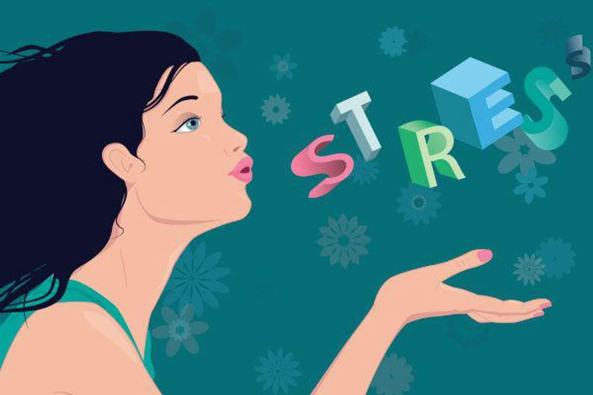 illustration of a woman blowing away the word stress