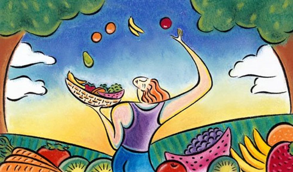 illustration of a woman holding a basket of fruit