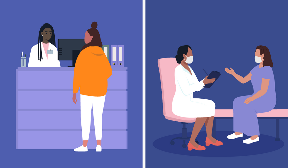 illustration of a woman talking to a pharmacist and illustration of a woman patient talking to a doctor