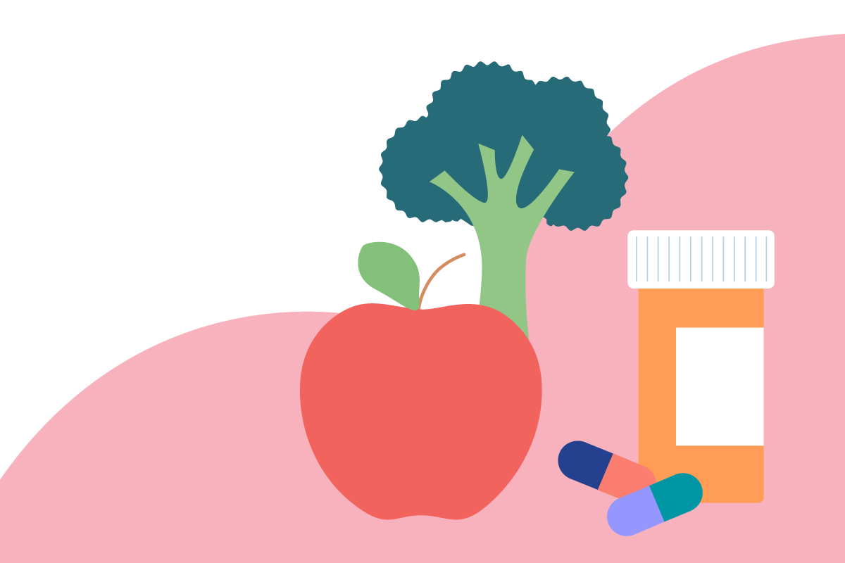 Image of fruits, vegetables and medication