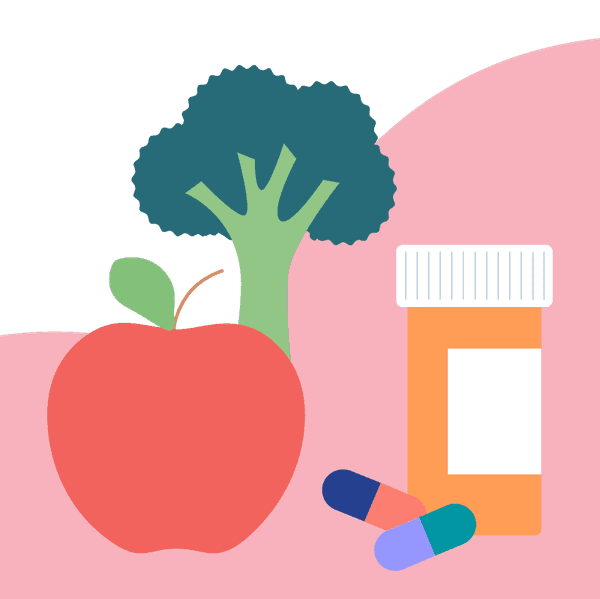 Image of fruits, vegetables and medication