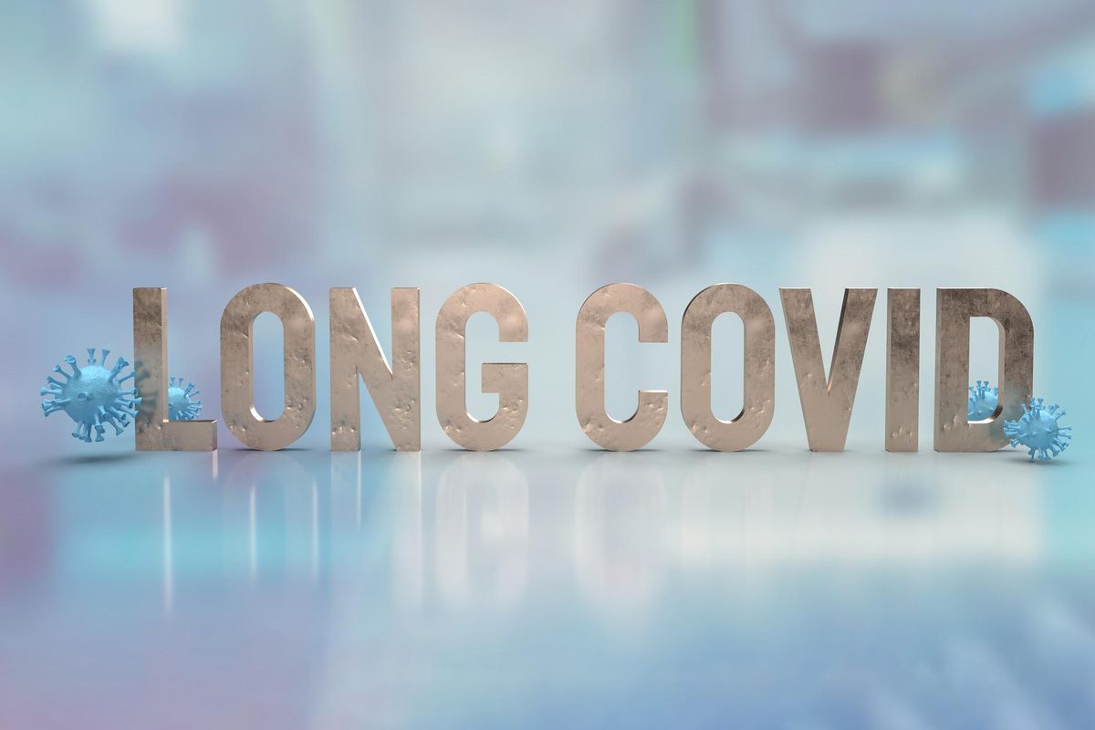 Image with a blue background and germs and silver letters spelling out Long Covid