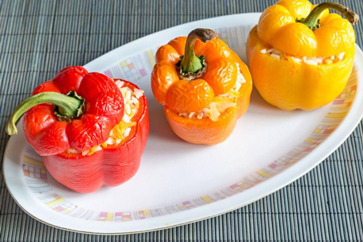 Rainbow Bell Pepper Boats With Garbanzo Beans and Kale