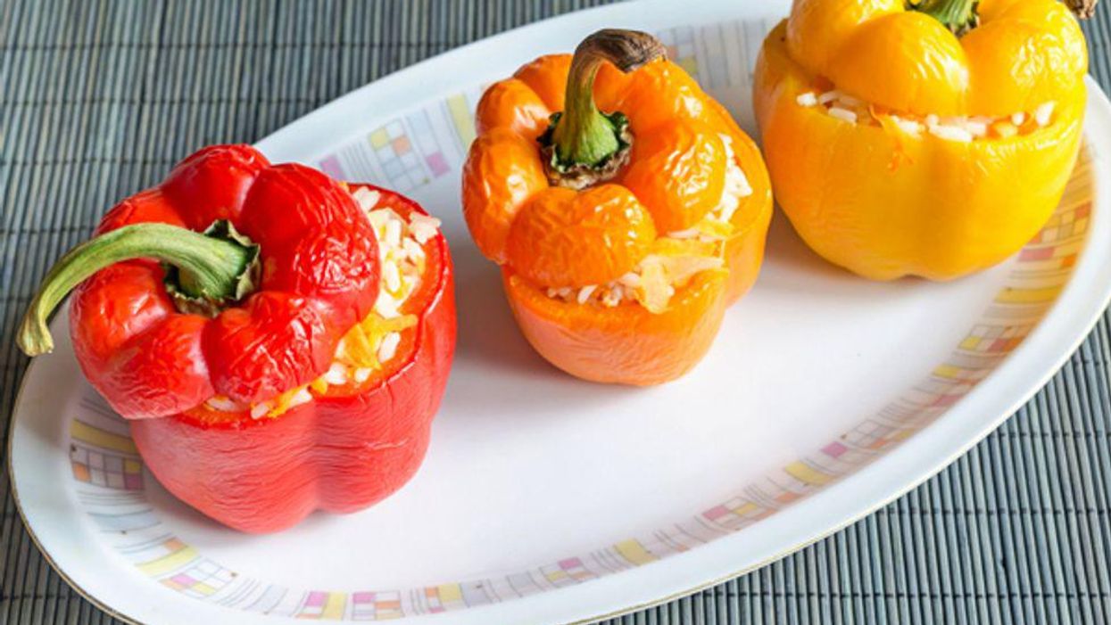 Rainbow Bell Pepper Boats With Garbanzo Beans and Kale