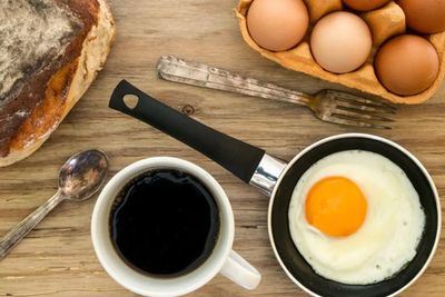 breakfast spread including coffee, eggs and bread