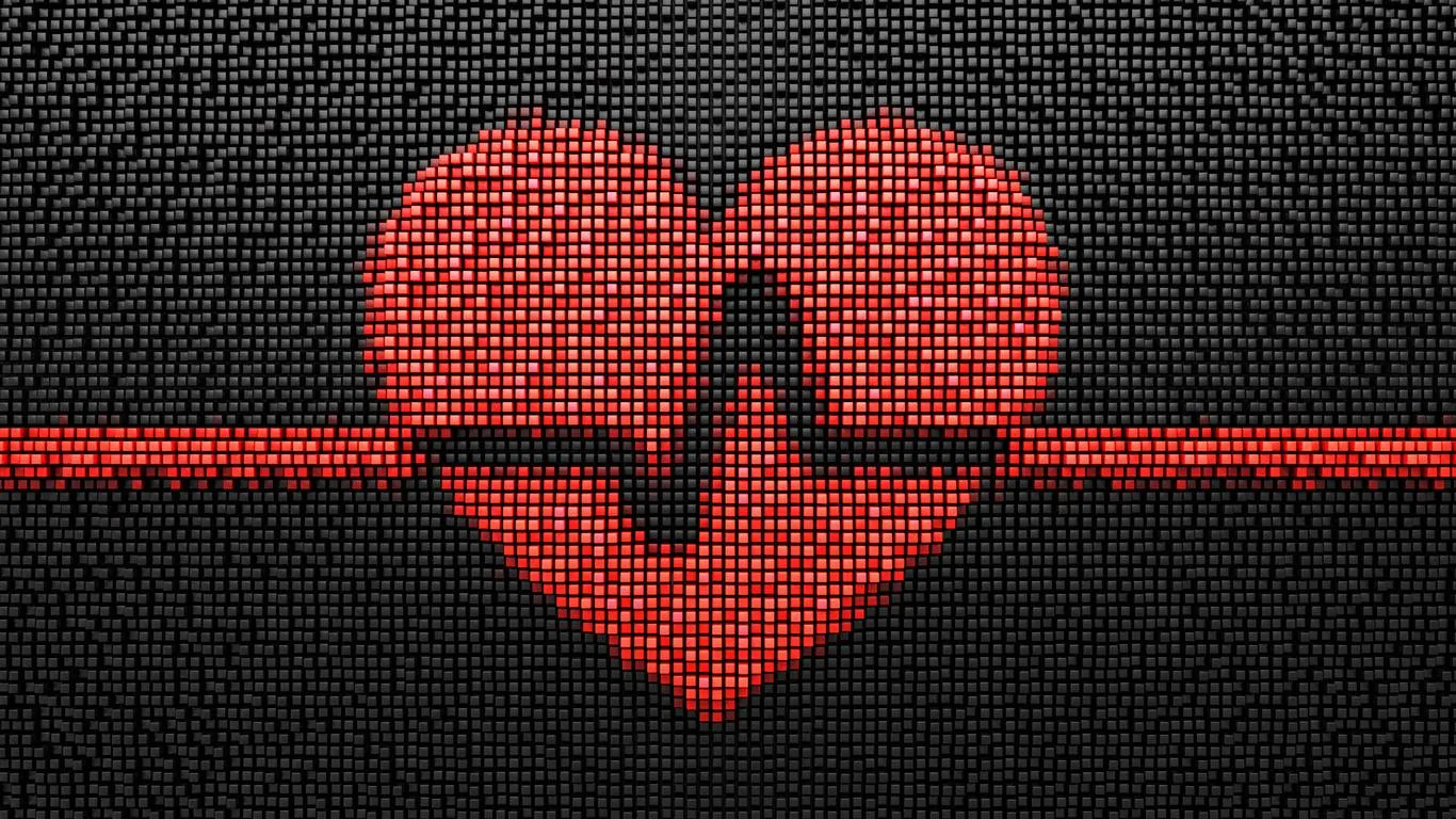 Black pixelated background with red heart and pulse trac