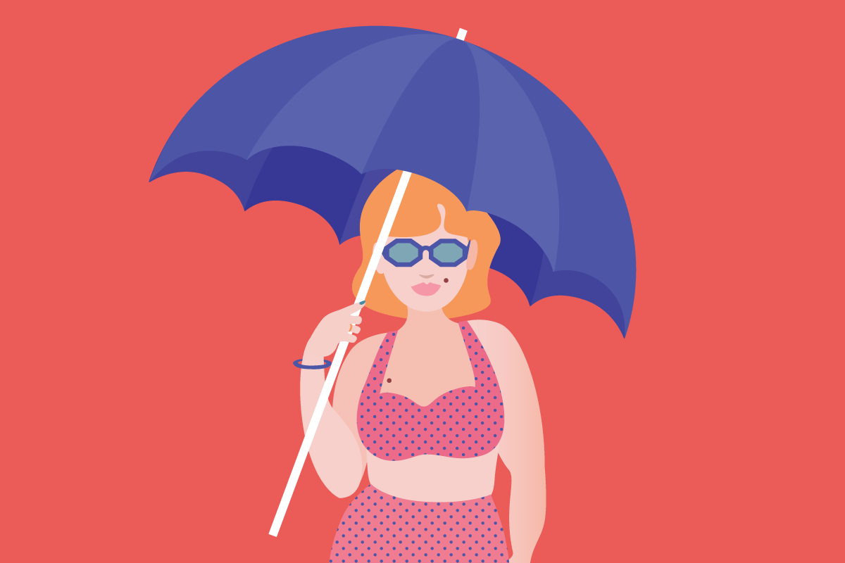 woman wearing a bikini holding an umbrella with possible spots of melanoma on her skin