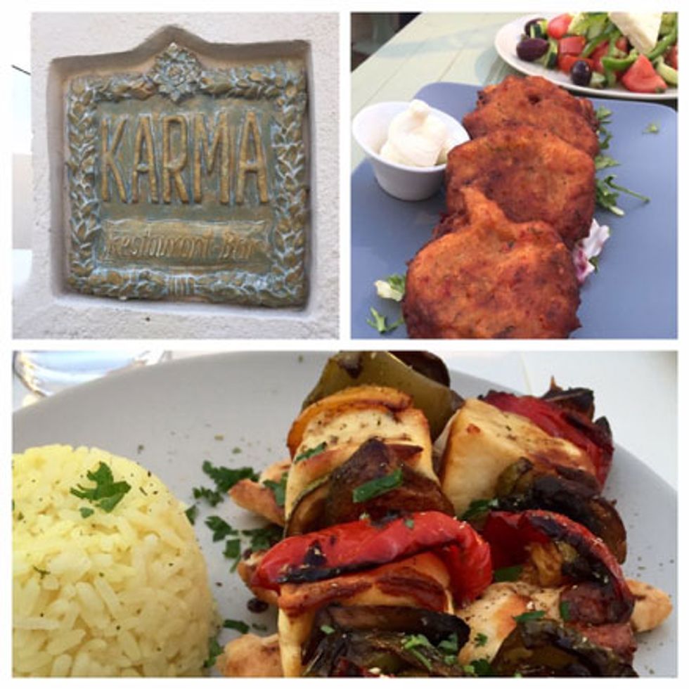 Karma restaurant in Oia has delicious tomato fritters and veggie kabobs.