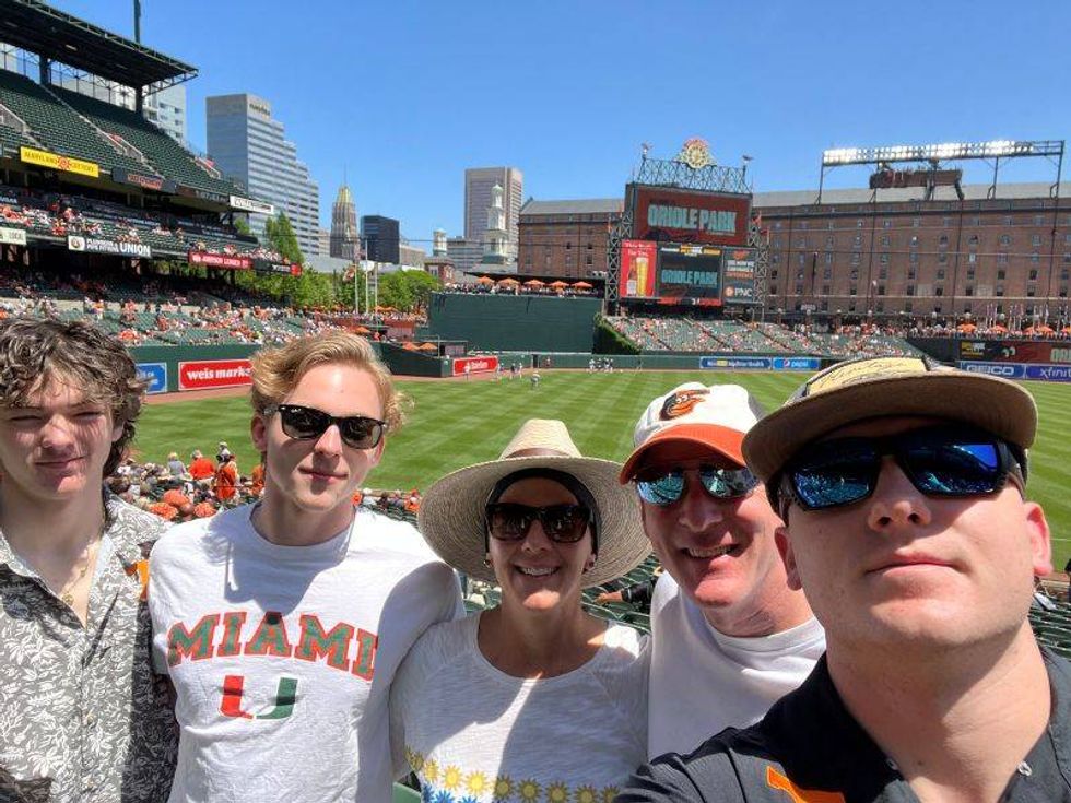 Keirney with her husband and three sons, six weeks after stem cell transplant, 2023