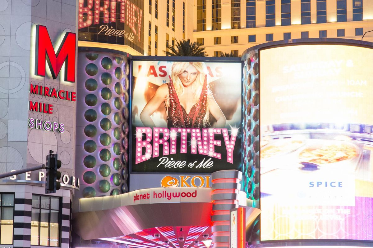 Las Vegas, Nevada, USA - June 7, 2014: Night time street view of the advertising billboards outside of the Planet Hollywood casino and hotel on the Las Vegas Strip in Nevada featuring Britney Spears.