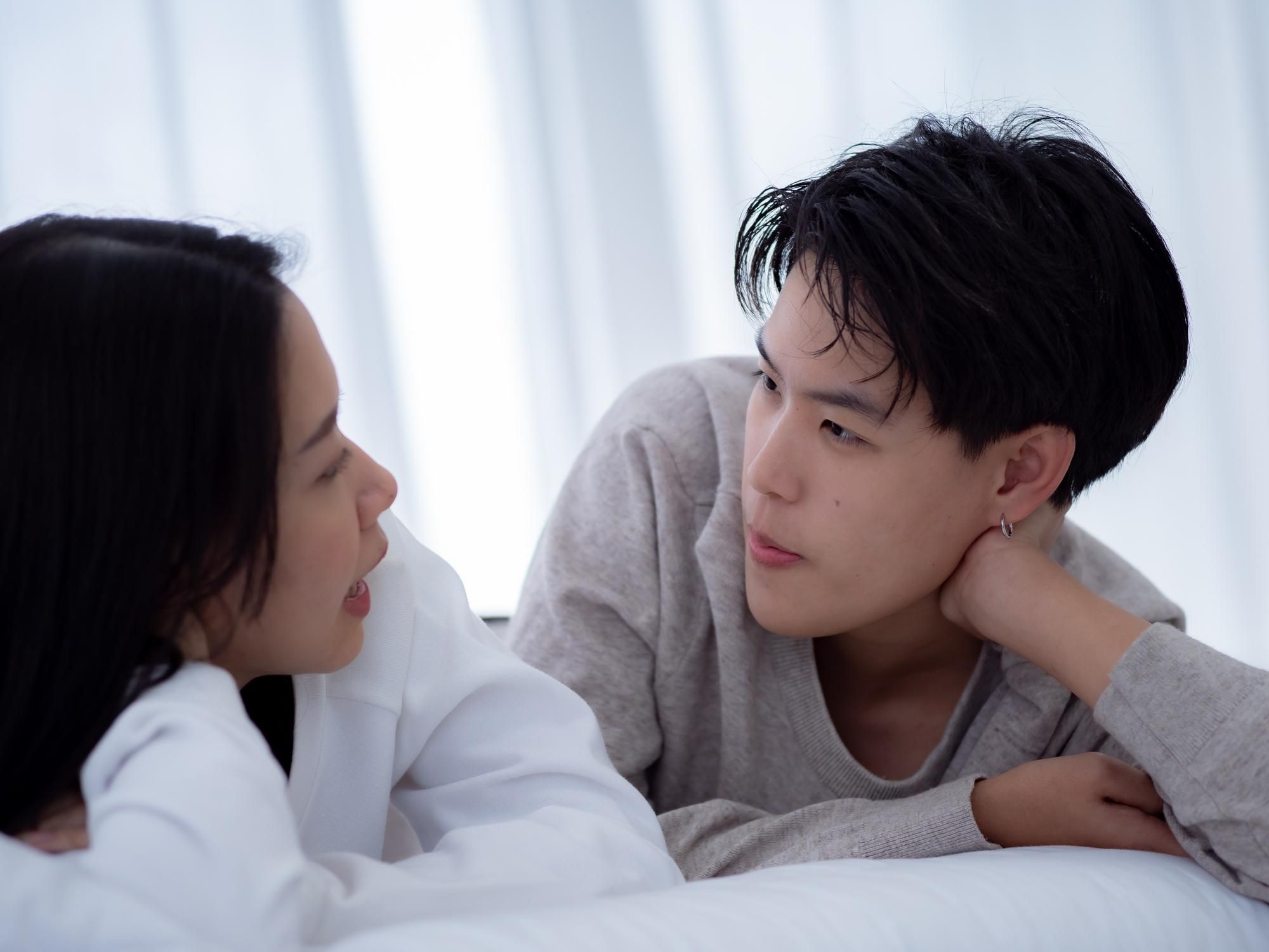 Lesbian couple happiness lifestyle in the bedroom