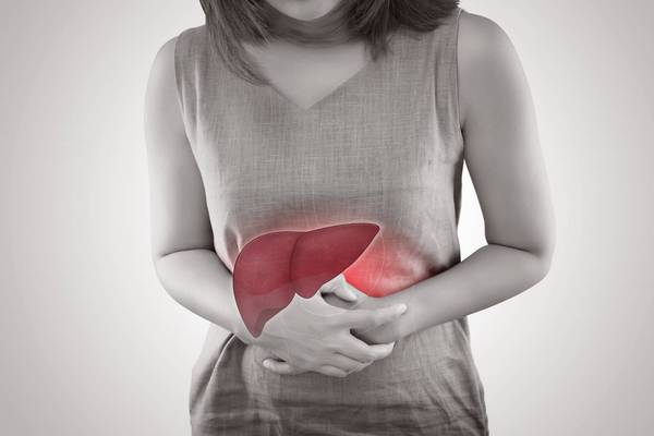 Liver On Woman's Body Against Gray Background