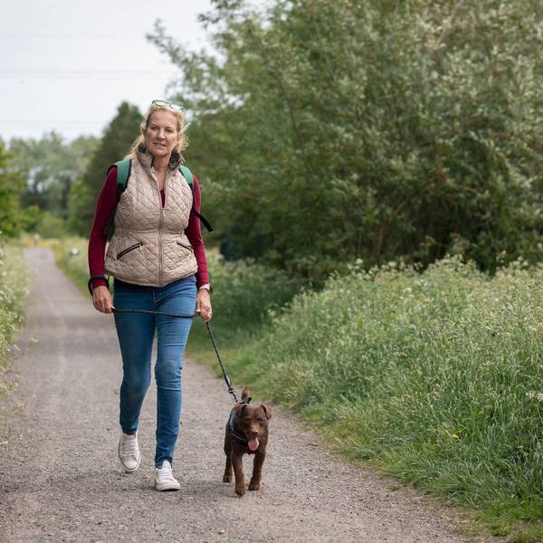 Mature Woman Walking Her Patterdale Terrier