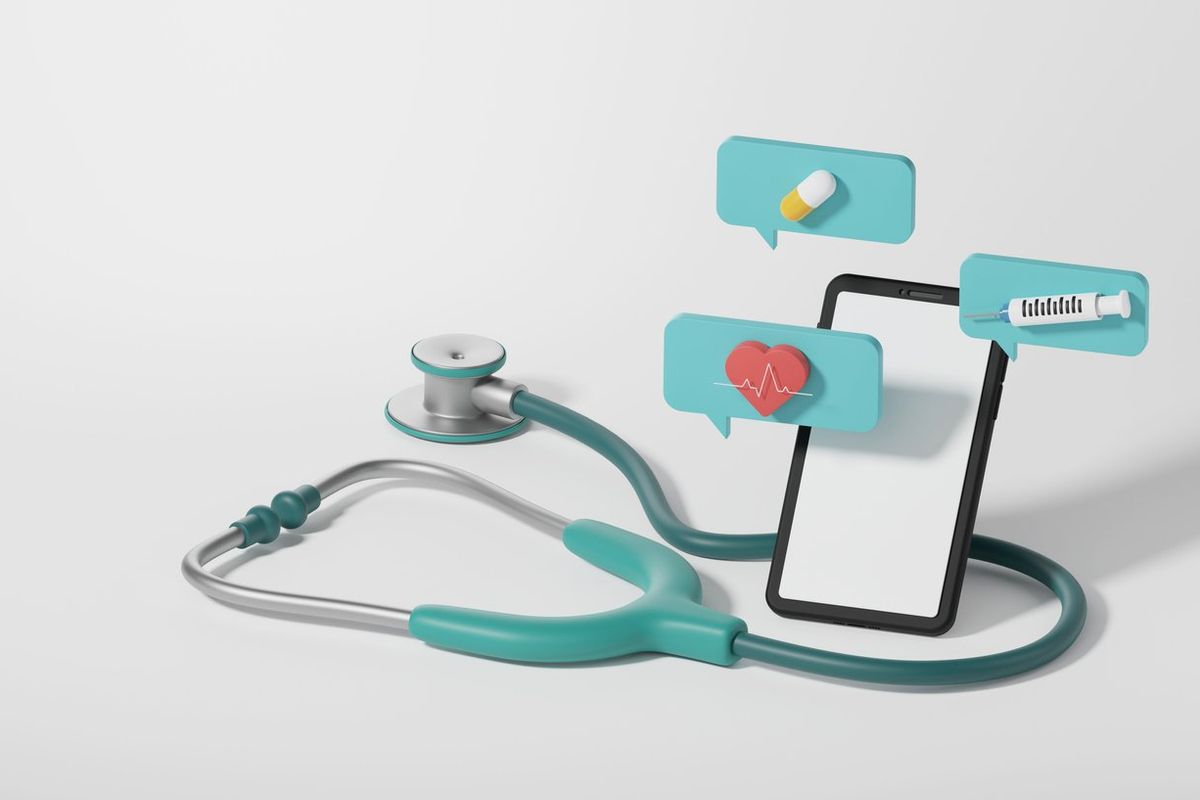 Message bubble on phone screen with stethoscope health check on white background