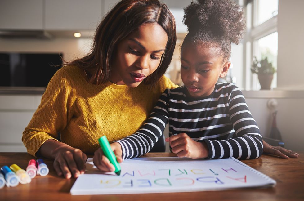mother and daughter making a sign