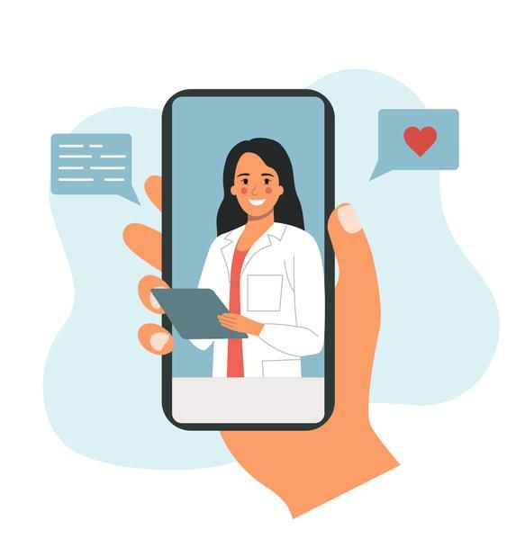 Dokter Wanita Online.  tangan memegang smartphone