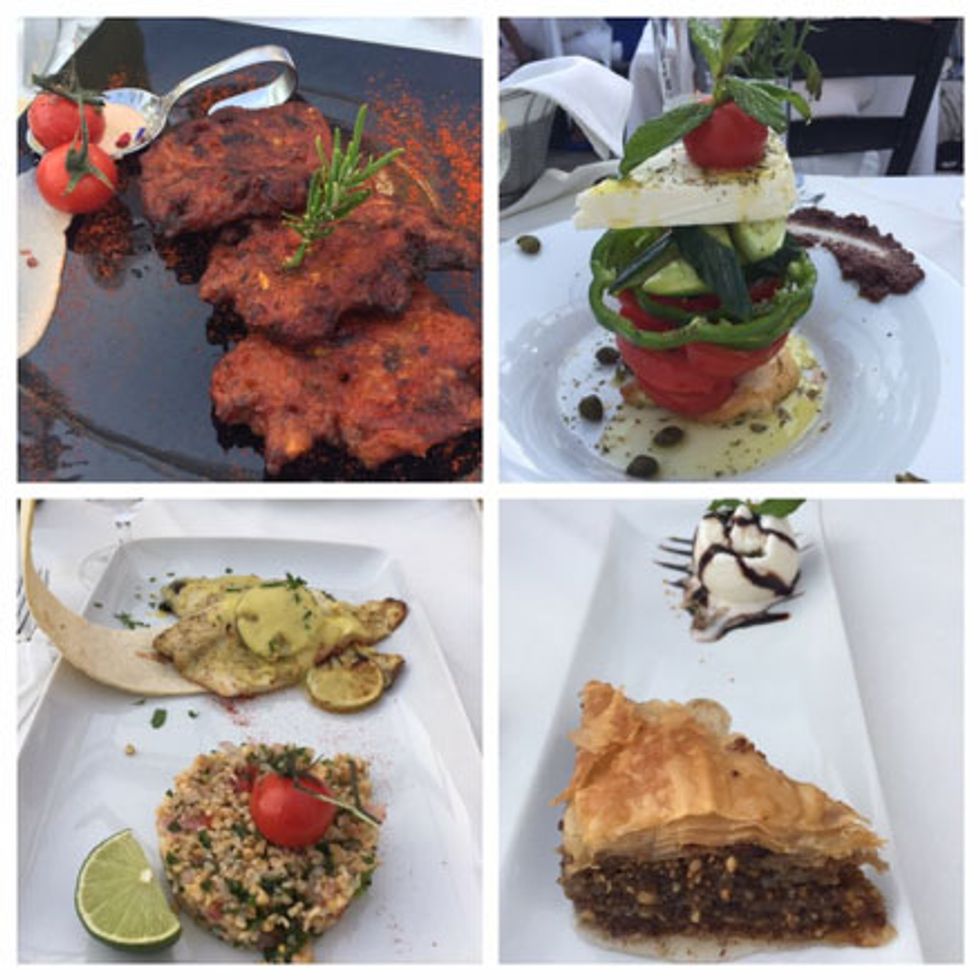 Our final meal at Floga included tomato fritters, Greek salad, sea bass (for me) and baklava.