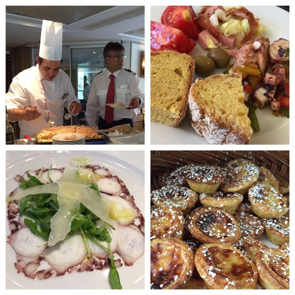 Our last meals aboard the Viking: cured salmon, Portuguese cornbread, octopus carpaccio, and past\u00e9is custard tarts.