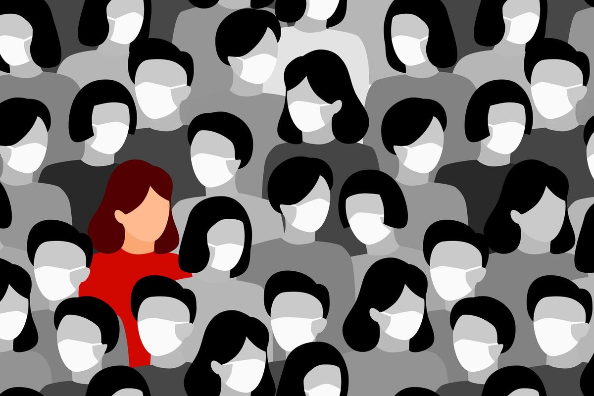 People crowd in white medical face mask