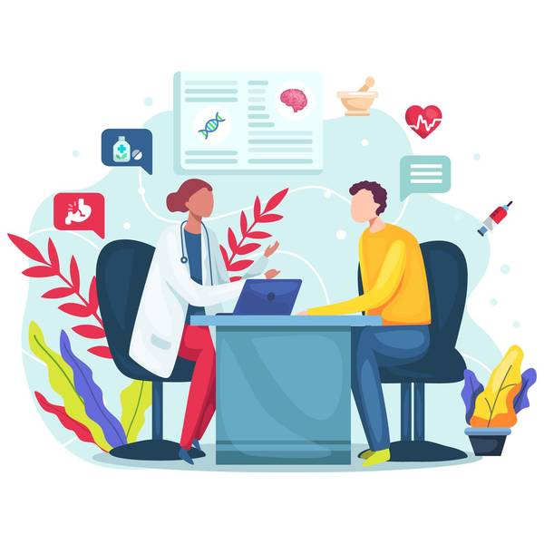 person and doctor sitting at a desk