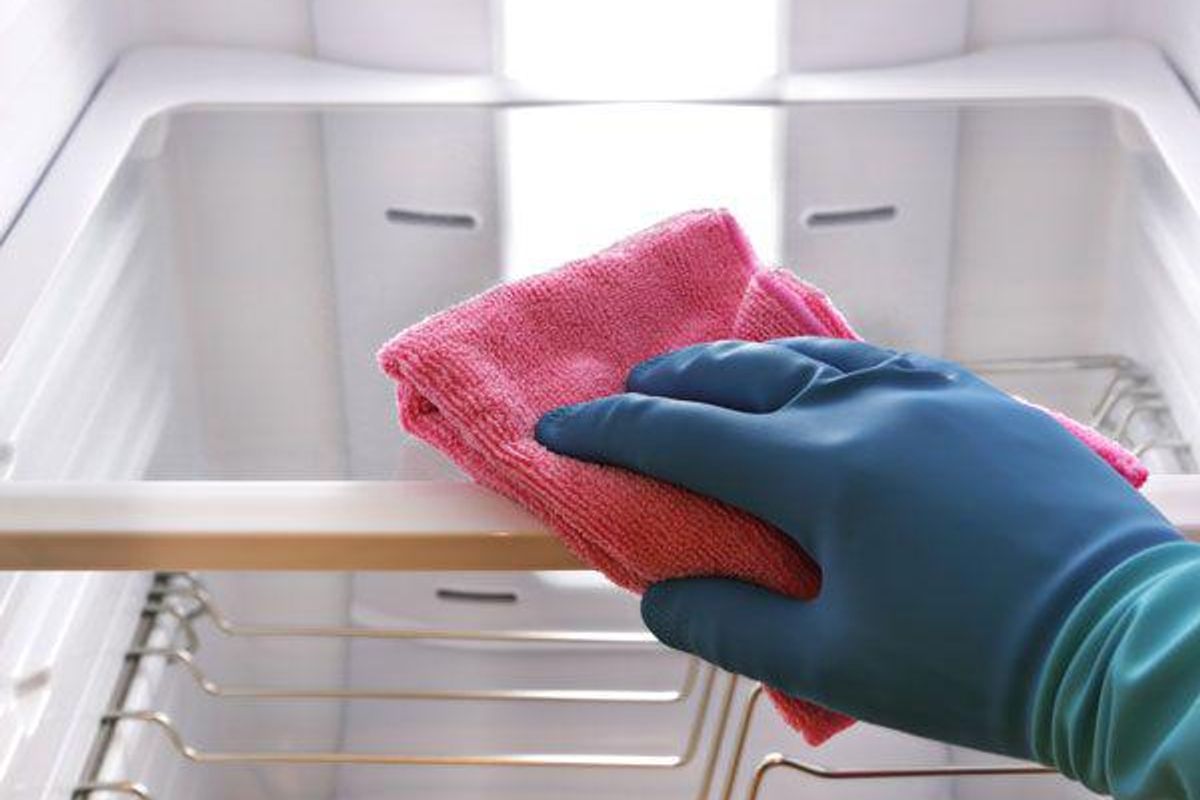 person cleaning a fridge