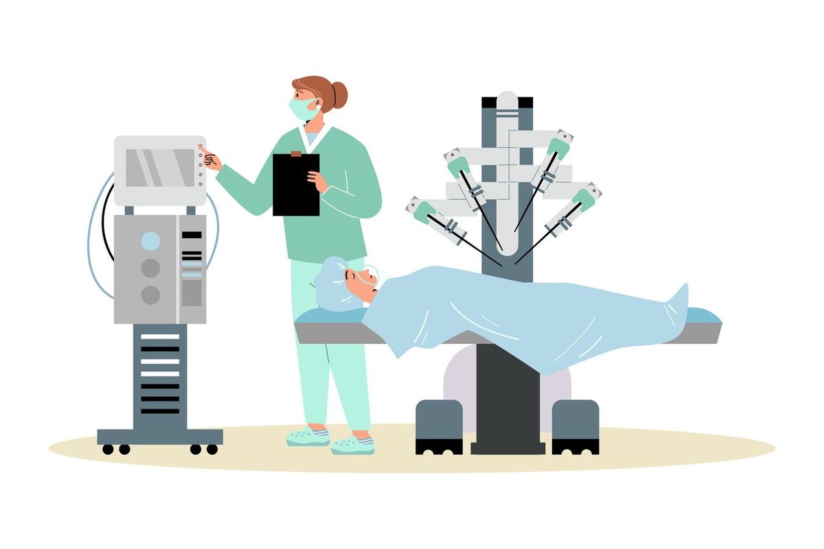 Robotic surgery and automated medicine technology concept with patient receiving treatment in modern clinic,