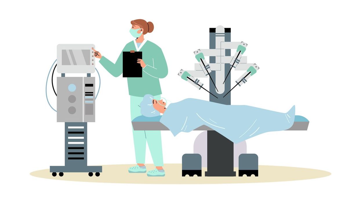 Robotic surgery and automated medicine technology concept with patient receiving treatment in modern clinic,