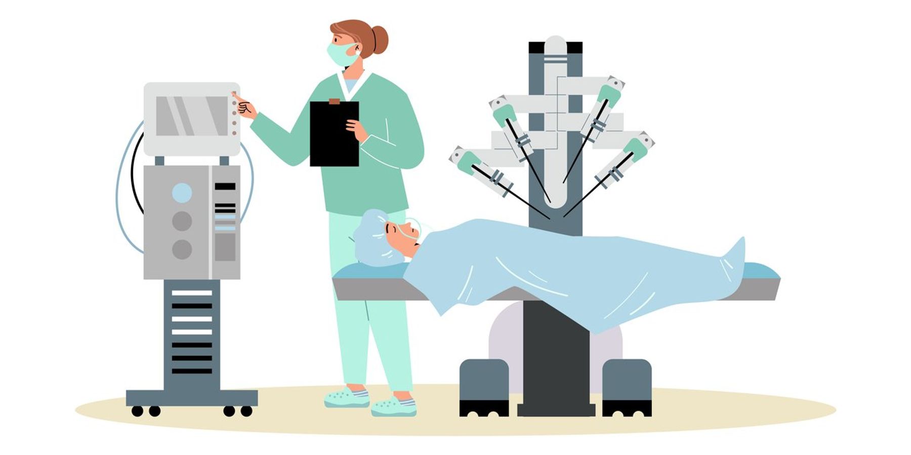 Robotic surgery and automated medicine technology concept with patient receiving treatment in modern clinic,