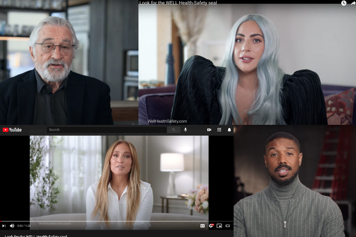 Screenshots from an International Well Building Institute video on YouTube, featuring celebrities Robert De Niro, Lady Gaga, Jennifer Lopez and Michael B. Jordan.