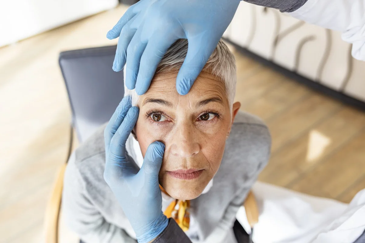 Senior patient having an eye exam at ophthalmologist's office