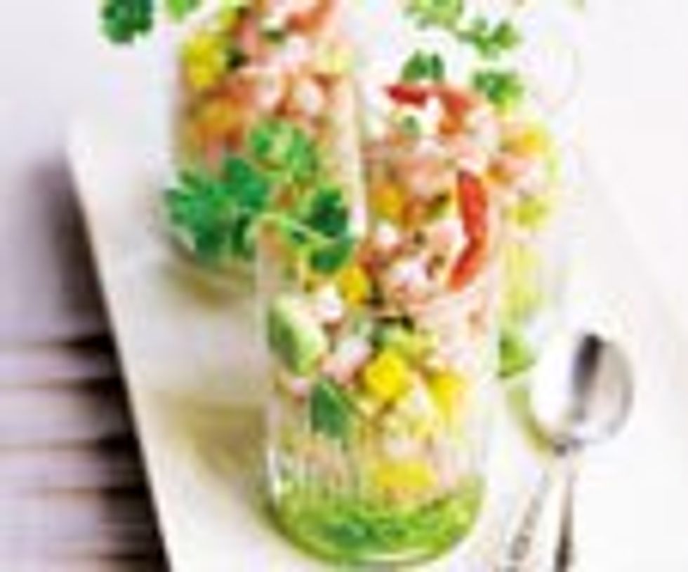 shrimp, avocado, and mango cocktail with cilantro-lime dressing