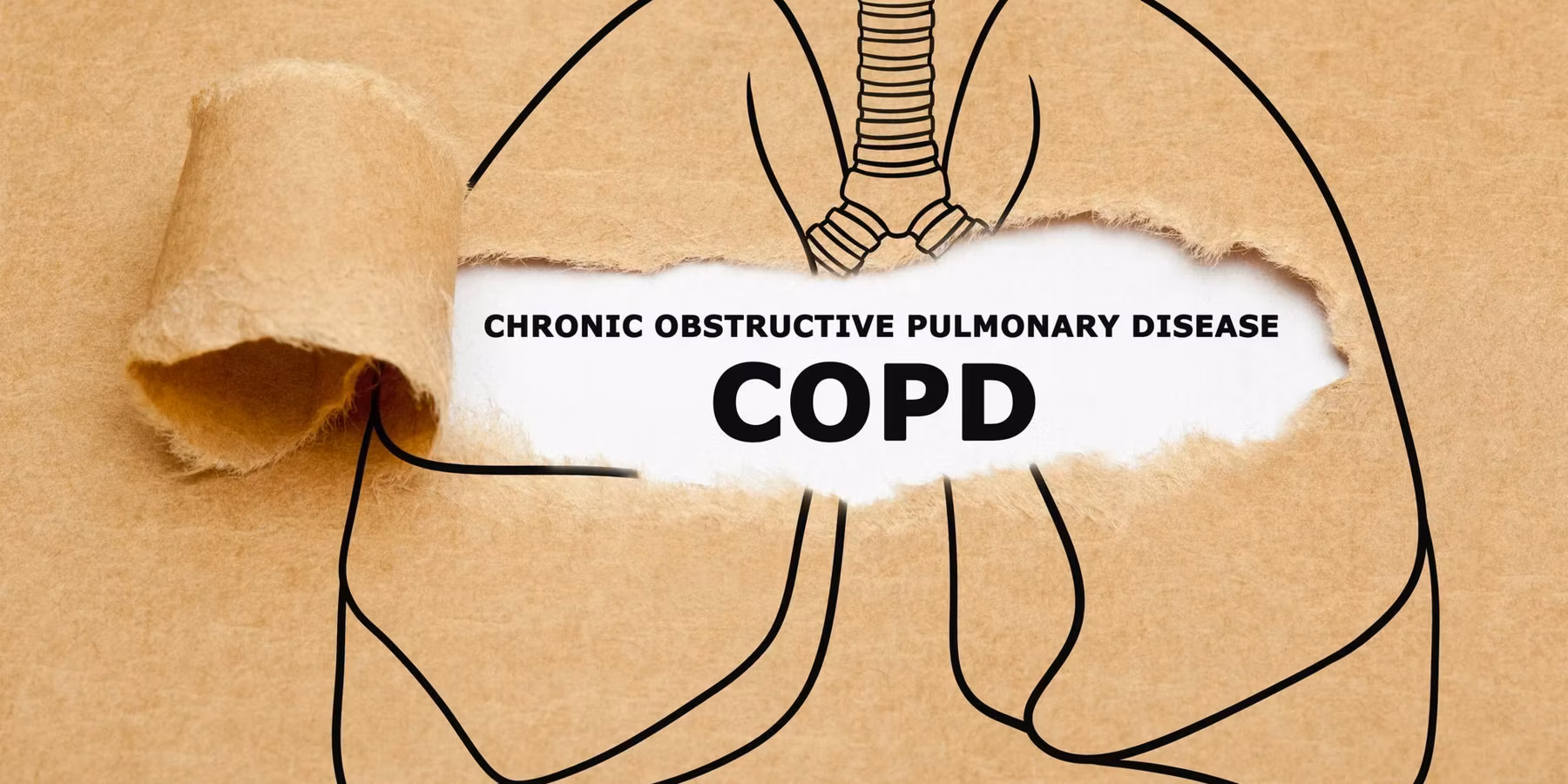 Text Chronic Obstructive Pulmonary Disease COPD appearing behind torn brown paper in human lungs drawing