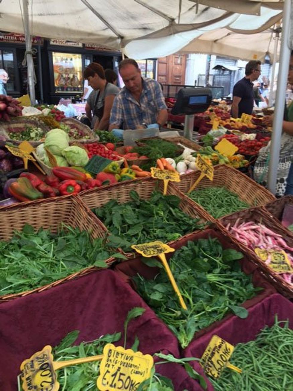 The market in Campo de' Fiori is filled with fresh vegetables, fruits, cheeses and more.