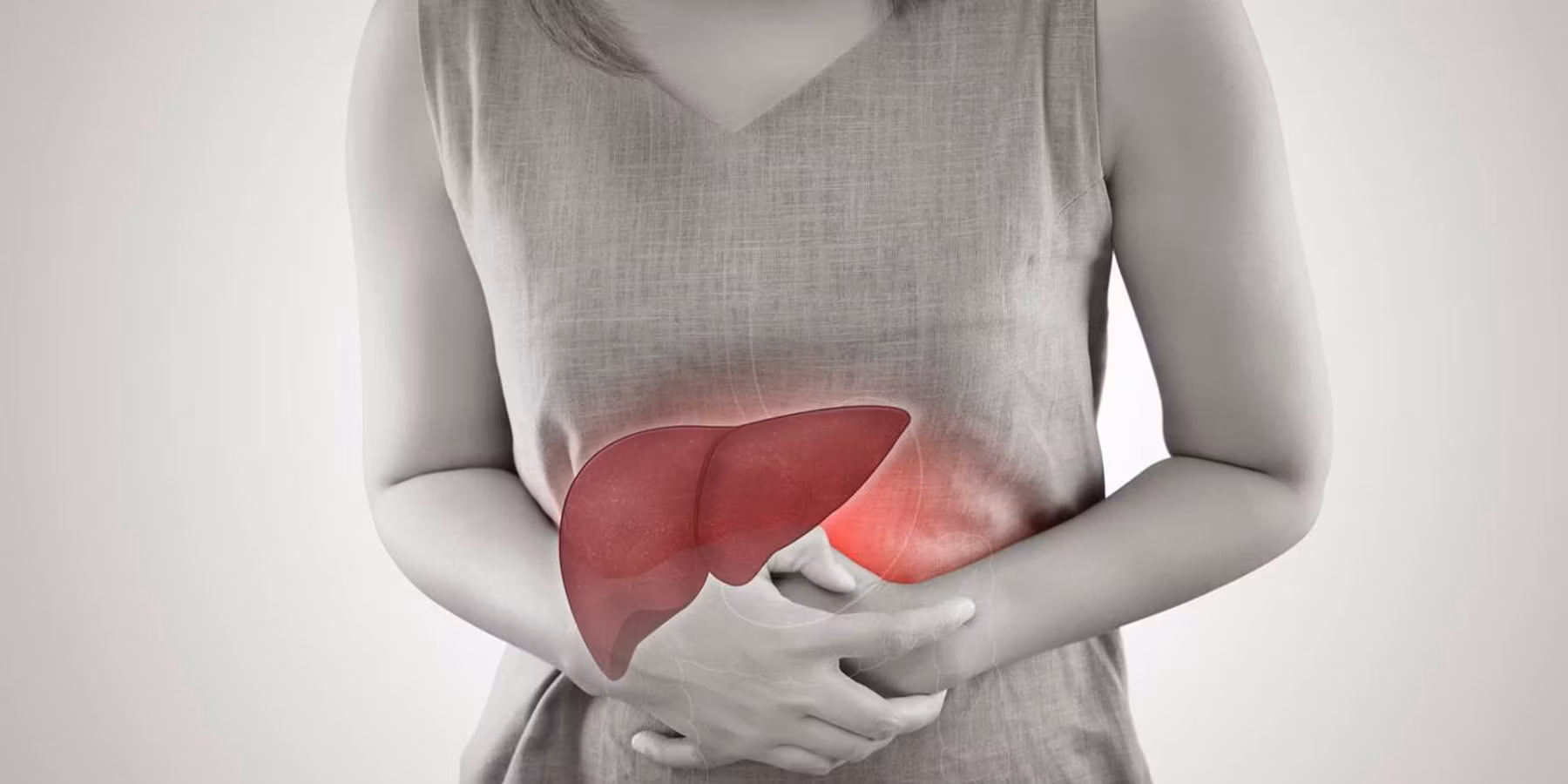 The Photo Of Liver On Woman's Body Against Gray Background