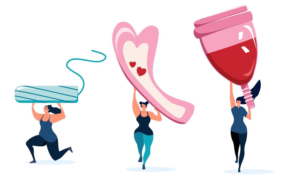 Three strong athletic girls holding big menstrual cup,tampon and sanitary pad