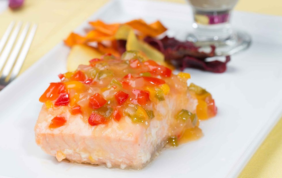 Tropical Salmon With Sweet Vegetable Letcho and Eggplant Dip