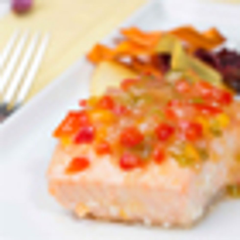 Tropical Salmon With Sweet Vegetable Letcho and Eggplant Dip