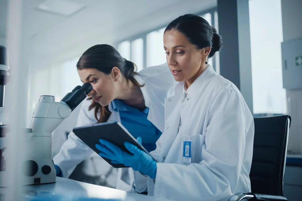 Two Female Scientists Working Together Using Microscope, Analyzing Samples, Talking