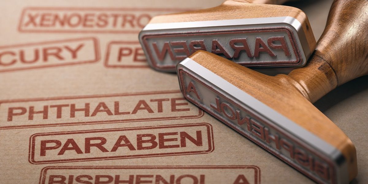 two rubber stamps with the words paraben, bisphenol A and phthalate
