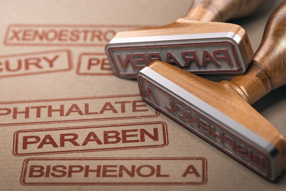 two rubber stamps with the words paraben, bisphenol A and phthalate