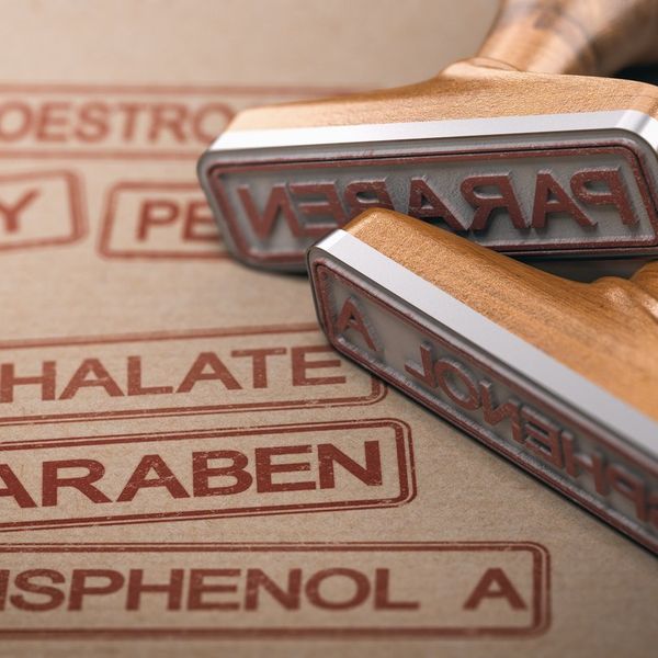 two rubber stamps with the words paraben, bisphenol A and phthalate