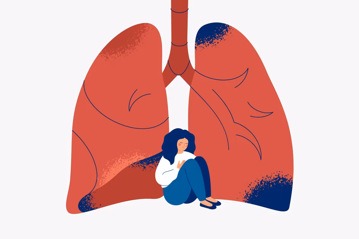 Unhealthy lungs and sad woman near it.