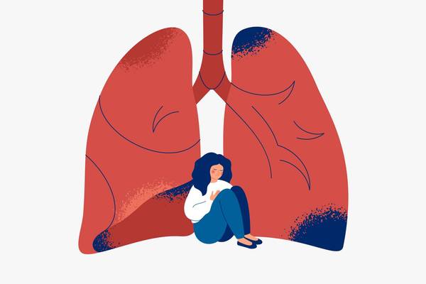 Unhealthy lungs and sad woman near it.