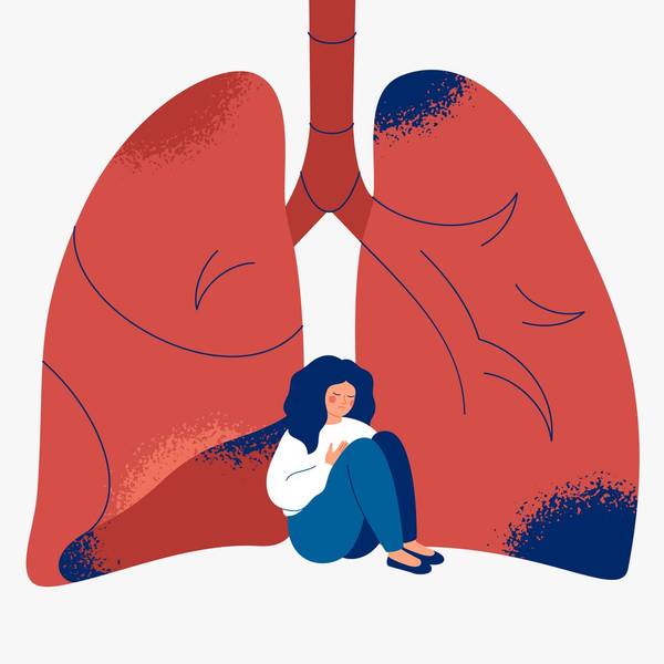 Unhealthy lungs and sad woman near it.