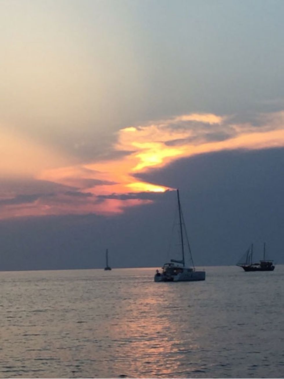 Viewing the setting sun from the catamaran.