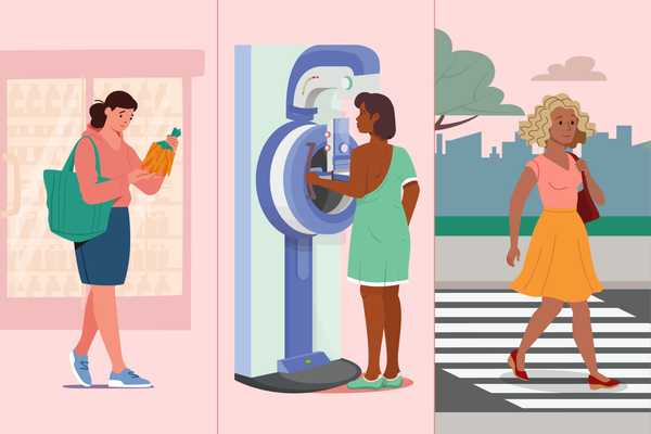 woman food shopping, getting a mammogram and walking across a street