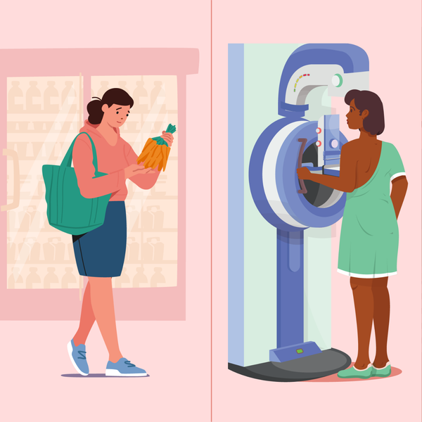 woman food shopping, getting a mammogram and walking across a street