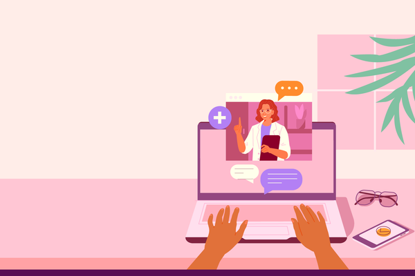 woman having a telehealth appt on her laptop