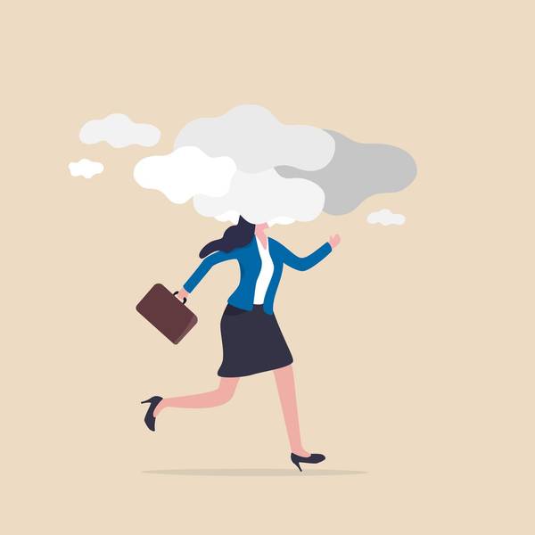 woman walking with clouds surrounding her head